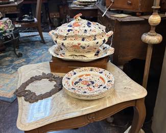 marble topped side table, beautiful soup toureen