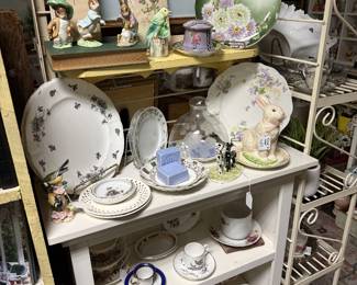 vintage tea cups and saucers, decorative plates, small figurines