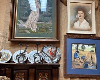 framed art, shelves, giraffe candlesticks