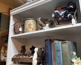 vintage books, canister, cat figurines