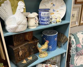 Vintage ceramic bisque hen figurine, egg plates, Corning Ware pieces