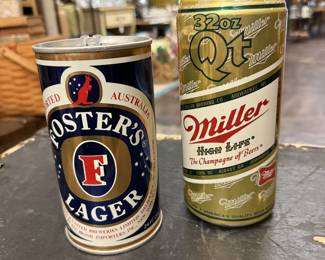 Foster’s Lager & Miller High Life collectible large beer cans with pull tabs