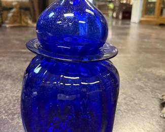 Vintage Cobalt Blue hand-blown glass jar with matching knobbed stopper, 1960s, 70s 