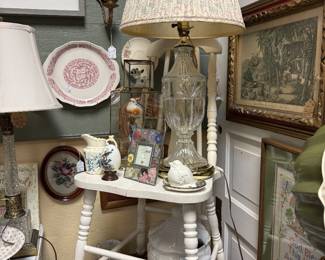 vintage white wooden chair, crystal lamp, platter, framed art