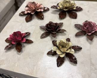 Handmade rustic metal rose sculptures with leaves 
