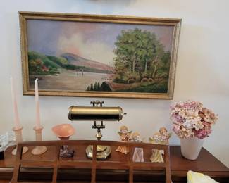 Signed painting.  Piano.  Piano lamp