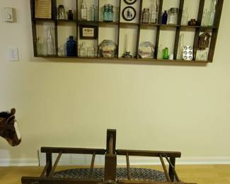 Vintage medicinal bottles.  Folding bench for wash tubs