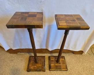 Two Handcrafted Solid Wood Plant Stands
