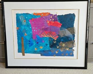 Signed Mixed Media Collage on Paper Abstract Art 45x38 Framed Artist Copy