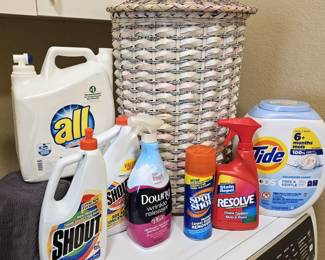Laundry Basket with Lid Woven Hamper Assorted Laundry Supplies Tide Downy Shout Resolve
