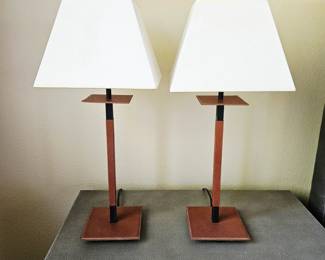 Pair Faux Shagreen Leather Table Lamps w/ Square Shades Black Metal 23” H