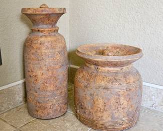  Pair Decorative Ceramic Vases Urns Rustic Textured Finish 8" 10"