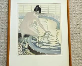  Sarah Brayer “Morning Bath” Limited Edition Print 36/— 1989 Nude Bath Scene Wood Frame 17x21