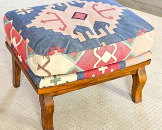 Whitney’s Cherry Hills Upholstered Ottoman Bench Dhurrie Fabric Wood Frame Down Cushion 28x22