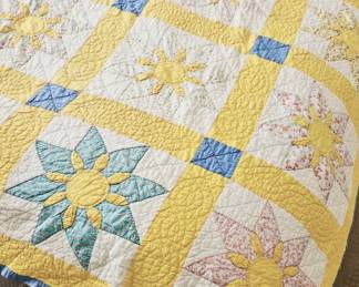 Handmade Quilt Yellow Sun Floral Patchwork Queen Size Cotton