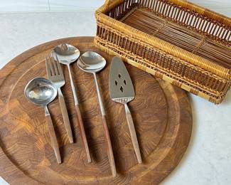 Lot #162 -Vintage DANSK Teak Parquet Wood Cutting/Charcuterie Board- Wood Handled Serving Utensils
