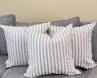  Pottery Barn Ticking Stripe Pillow Set- Blue, Ivory, and Cream- Linen Cotton mix- 22x22 Inches- Set of 3