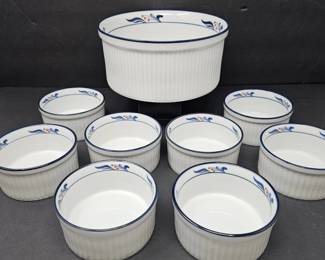 - Dansk Bistro Maribo Souffle Dish 8” & 8 Ramekins Set White Ribbed Blue Band Red Berry Japan
