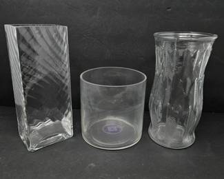Set Of 3 Vintage Textured Clear Glass Vases Modern Style Various Shapes