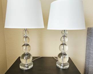 Pair Solid Glass Orb Table Lamps Chrome White Drum Shades Modern