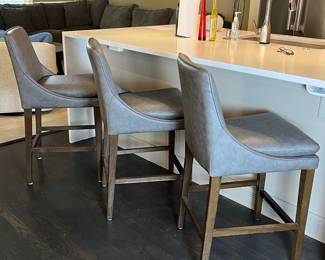 Set of 3 Arhaus ‘Lunden’ Counter Height Bar Stools in Faux Leather Dark Gray