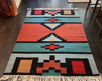 Flat Weave Wool Area Rug -Handwoven Geometric Pattern- Vintage Kilim 5x8 Ft