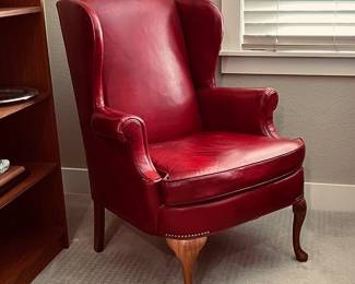 Hickory Furniture, Red Faux Leather Wingback Chair -Vintage Queen Anne Style Wood Frame