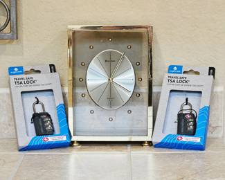 Bulova Gold Tone Table Clock Quartz Desk Clock w/ Glass Case + (2) Eagle Creek TSA Travel Locks NIB