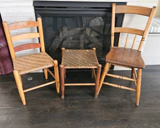  Antique Children’s Chair Set w/ Rush Seat & Matching Footstool Primitive Wood Ladderback Chairs