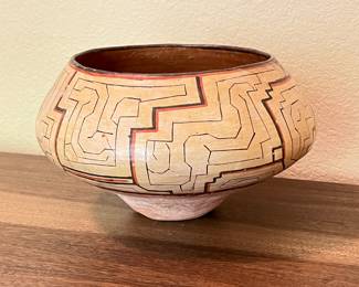 Peruvian Shipibo-Conibo Polychrome Bowl- Antique Pottery Vessel w/ Labyrinth Patterns -'Kene'