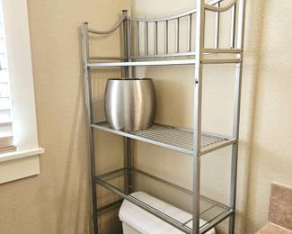 -Bathroom Spacesaver- Bath Over Toilet Metal Storage Shelf Glass Shelves & Satin Nickel Wastebasket