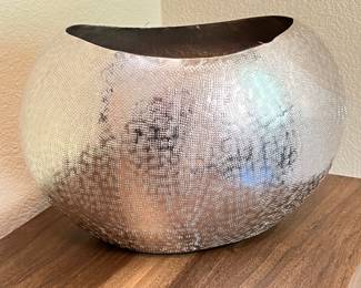 Textured Silver Tone Decorative Vase - Round Modern Shape