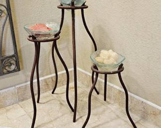 Set of 3 Rustic Metal Pedestal Stands w Glass Bowls - Spa Bathroom Decor