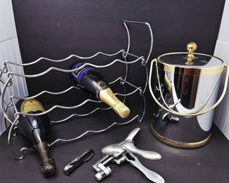 3 Tier Metal Wine Rack Holds 12 Bottles w/ Ice Bucket Gold Trim Corkscrew & Wine Opener Set 