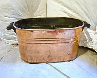 Large Antique Copper Wash Tub w/ Wood Handles Riveted Metal Oval Basin
