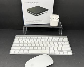 FP Lot #137 - Apple Lot- Magic Mouse- Wireless- White Aluminum Bluetooth Keyboard- External CD DVD Drive - AirPods
