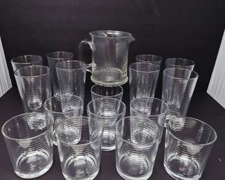 Ribbed Glass Drinkware Set Pitcher w/ 16 Glasses Cocktail Water Tumblers Highball Set