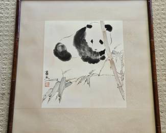Framed Panda Ink Painting on Paper w/ Bamboo Frame 22”W x 24”H Asian Style