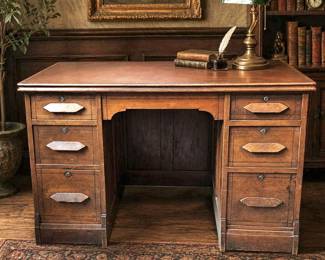 Antique Oak Double Pedestal Desk Leather Top 6 Drawer Dovetail 48x30