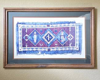 - Large Framed Southwestern Textile Lithograph Print Rug Motif 43x29