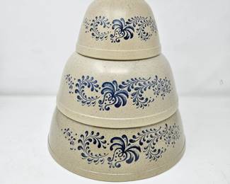  Pyrex Homestead Vintage 3 Pc Mixing Bowl Set Beige Blue Nesting USA