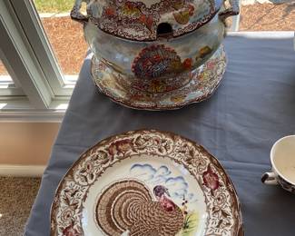 Plates are Maruta Ware Japan. The soup tureen is Staffordshire maker Rowland & Marcellus 