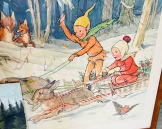 Framed Christmas Rabbit Pulling Sleigh Print