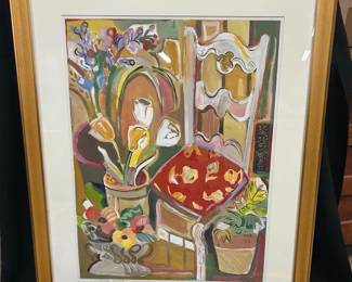 Amy Giust “Sitting Pretty” Framed Acrylic Painting (Original) Original acrylic painting on paper by Amy Giust titled “Sitting Pretty,” presented in a large frame—eye-catching statement artwork with strong decorative appeal.  Condition & Measurements:  Approx. 31 1/2” x 39 1/2” overall Acrylic on paper, framed under glass Frame shows light wear consistent with handling Pre-owned; displays well (see photos for details) Details:  Original artwork by listed artist Amy Giust Titled “Sitting Pretty” Professionally framed and ready to hang Large-scale piece ideal for focal wall display   PLEASE NOTE: If you request shipping - the size of the picture - it will be expensive to ship.. Just beware of shipping cost 