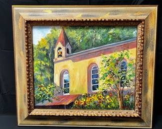 Framed Acrylic Painting on Canvas by Reaves Vibrant original-style acrylic painting depicting a sunlit church scene with lush greenery and florals—warm, inviting composition paired with an ornate gold-tone frame.  Condition & Measurements:  Approx. 32.5” x 28.5” overall Acrylic on canvas, signed “Reaves” Frame shows minor surface scratches Backing paper has a tear that has been taped Overall displays well Details:  Professionally framed artwork Bright, impressionistic style with architectural subject Gold-tone decorative frame Ready to hang.  To BID on this item please go to Dothan CTBids  This ONLINE Estate Sale begins closing on Thursday, 4/30 @ 5:30!!  Don't forget to place your MAX PROXY BID & Let the CTBids System BID 4 YOU! PU is in Dothan!  Specific address will be provided to winning bidders on their invoices!! Sale ends 4/30 start'g @ 5:30 – Pick-up will be on SATURDAY 5/2....  Shipping is available on certain items at Buyers Cost.