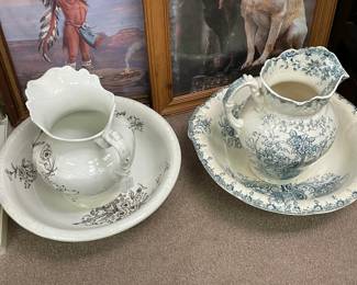 Pitcher and bowl sets, artwork. display cases and shelving