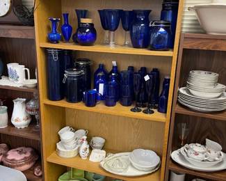 Cobalt blue glass, great pottery pieces, pitcher and bowl sets