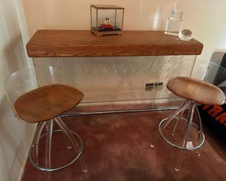 MCM Lucite & Oak Bar with matching stools 