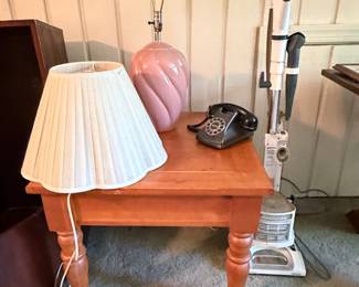 Vintage Pink Swirl Ceramic Table Lamp with Pleated Shade and Rotary Dial Telephone