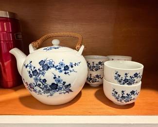 Japanese Cherry Blossom Tea Set with Rattan Handle